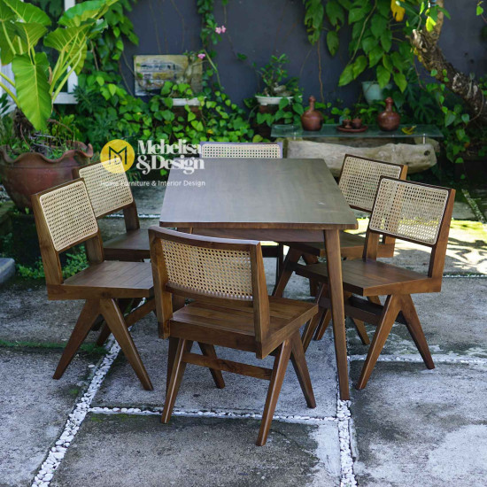 Meja Makan Minimalis Set 6k Jati Mix Rotan