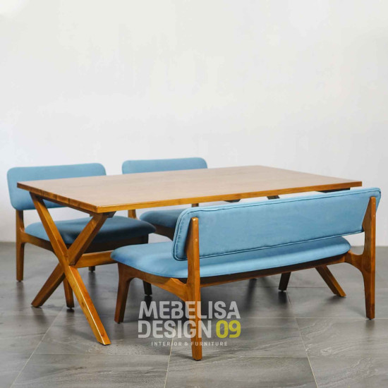 Meja Makan Set Kursi Bangku Kayu Jati Japandi Style