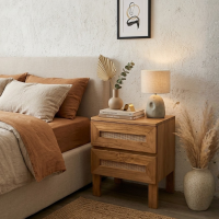 Meja Nakas Bedside Minimalis Diana 2 Laci Rotan