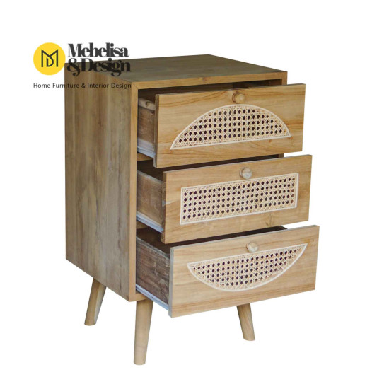 Meja Nakas Retro 3 Laci Kombinasi Anyaman Rotan