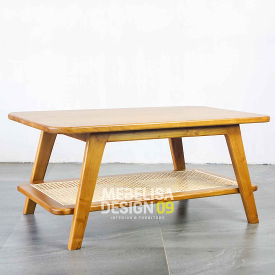 Meja Ruang Tamu Scandinavian Kayu Jati Kombinasi Rotan