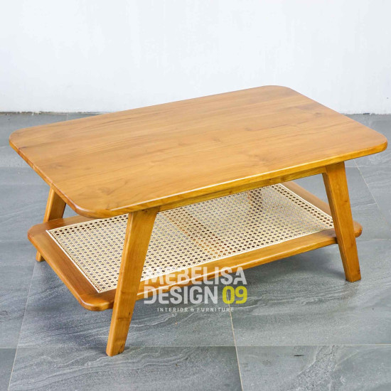 Meja Ruang Tamu Scandinavian Kayu Jati Kombinasi Rotan