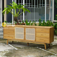 Mid-Century Modern Bufet Meja TV Jati Kombinasi Rotan Mid-Century Modern Bufet Meja TV Jati Kombinasi Rotan
