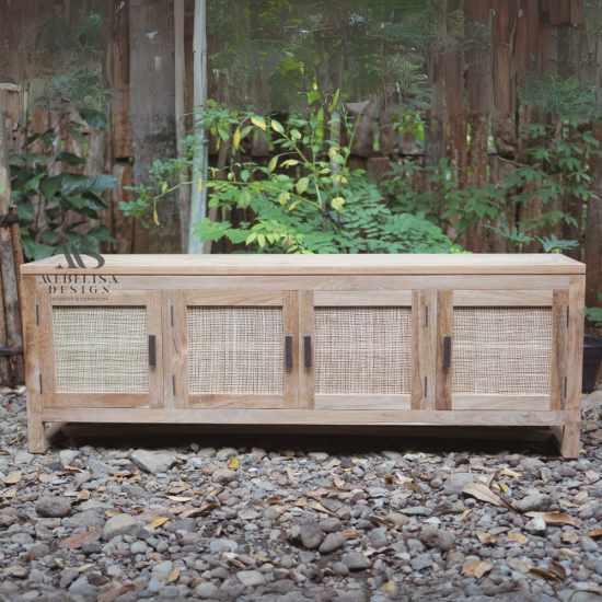 Minimalist Buffet Made of Old Teak and Rattan Woven with 4 Doors