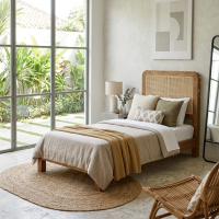 Minimalist Single Bed Rattan Old Teak Wood