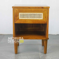 Nakas Bedside Retro 1 Laci Anyaman Rotan Kayu Jati