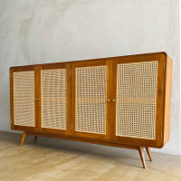Omeir Sideboard Bufet Retro RuangTamu 4 Pintu Anyaman Rotan