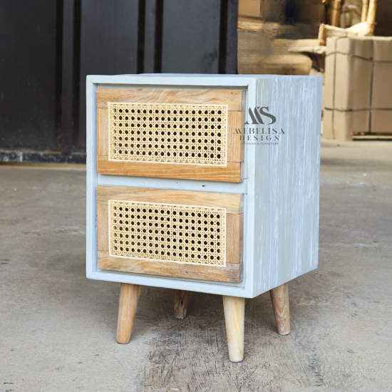 Reclaimed Teak Rattan Two-Drawer Nightstand