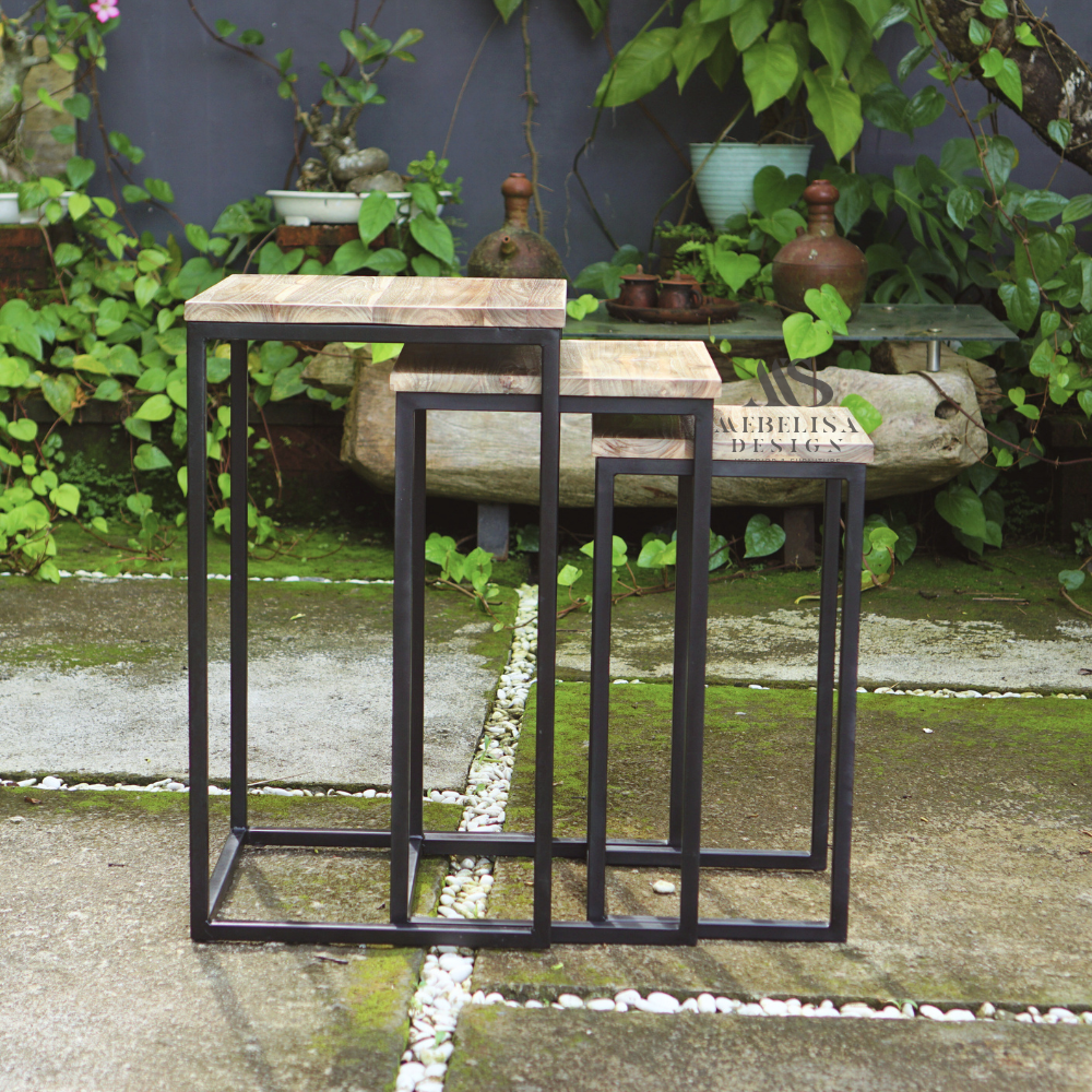 Reclaimed Teak Wood Industrial Nesting Table Set