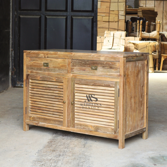 Recycled Teak Wood Louver Cabinet 2 Drawer