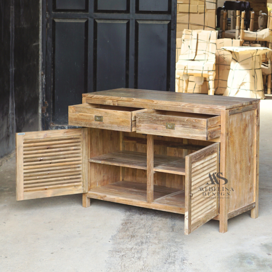 Recycled Teak Wood Louver Cabinet 2 Drawer