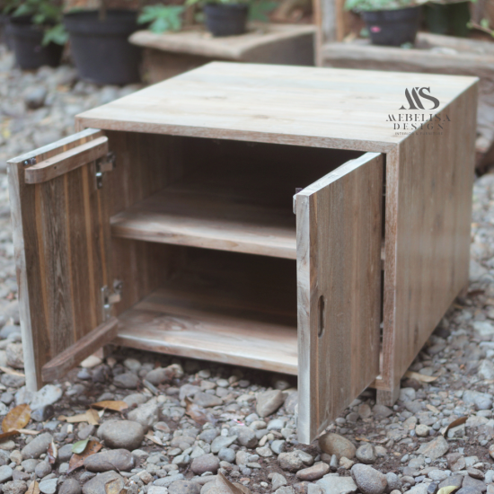 Recycled Teak Wood Nightstand Cabinet with 2 Doors