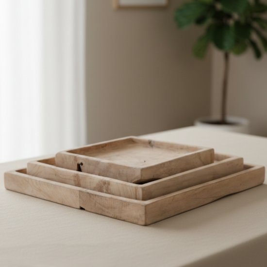 Rustic Style Square Teak Wood Tray 3-Pcs