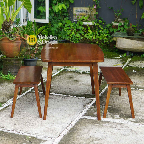 Set Meja Bangku Makan Minimalis Japandi Kayu Jati