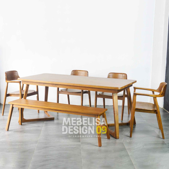 Set Meja Makan Minimalis Scandinavian 4 Kursi + Bangku