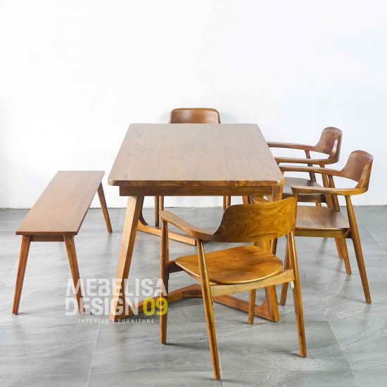 Set Meja Makan Minimalis Scandinavian 4 Kursi + Bangku