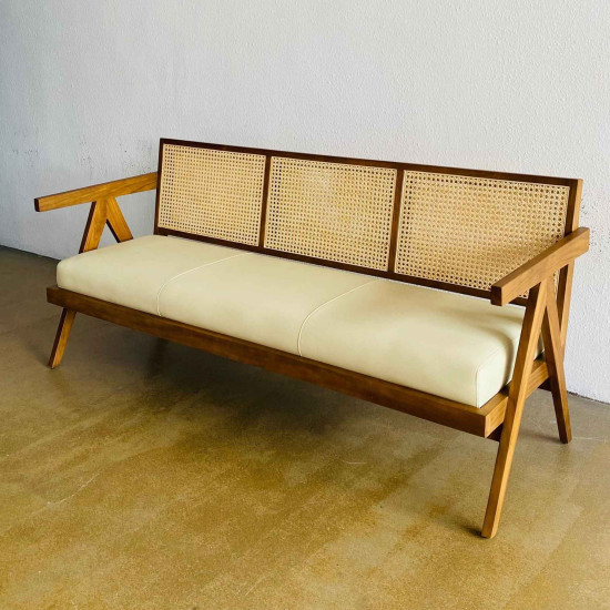 Sofa Scandinavian 3 Dudukan Jok Kayu Jati Kombinasi Anyaman