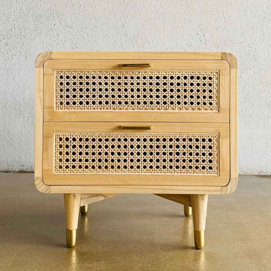 Zafa Bedside Table Meja Nakas Retro 2 Laci Kombinasi Rotan