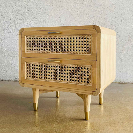 Zafa Bedside Table Meja Nakas Retro 2 Laci Kombinasi Rotan