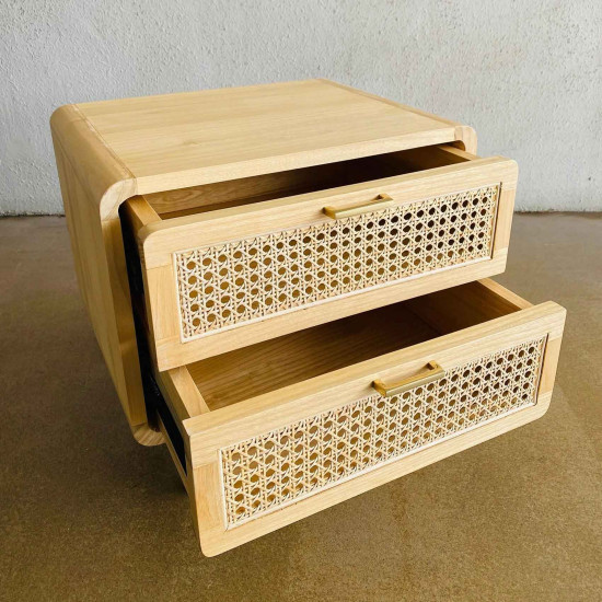 Zafa Bedside Table Meja Nakas Retro 2 Laci Kombinasi Rotan