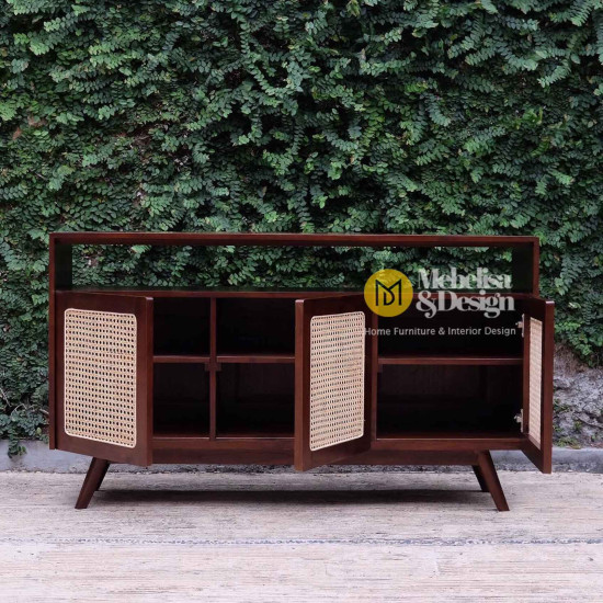 Bufet Meja TV Pintu Rotan Kayu Jati Scandinavian