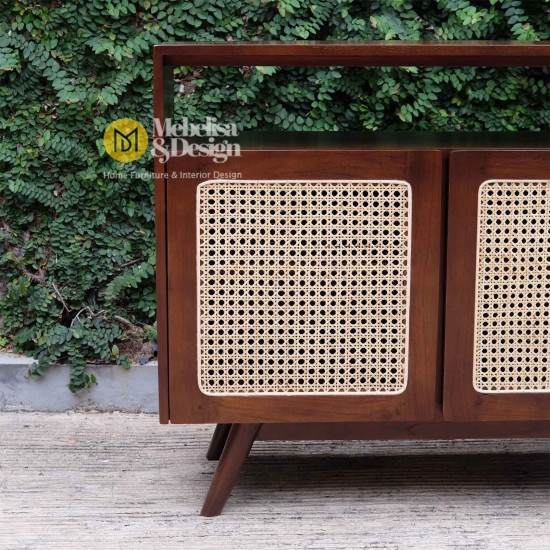 Bufet Meja TV Pintu Rotan Kayu Jati Scandinavian