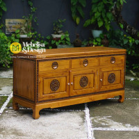 Bufet Meja TV Ukiran China Kayu Jati 3 Pintu 3 Laci