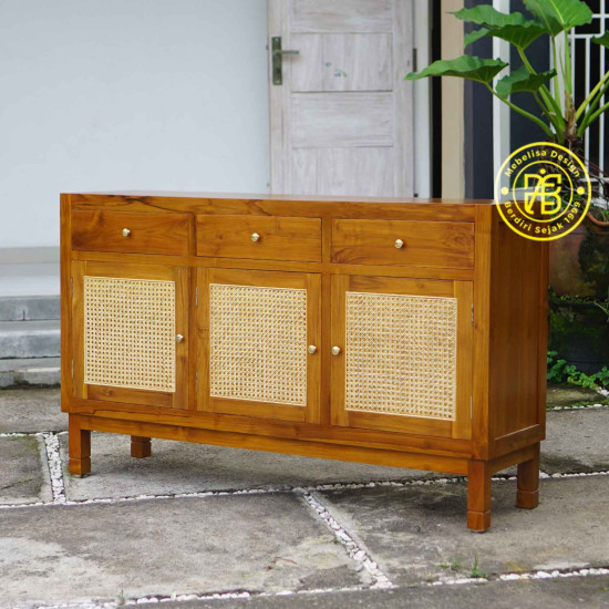 Bufet Minimalis Ruang Tamu Kayu Jati Pintu Anyaman Rotan