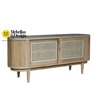 Bufet Oval Kayu Jati Minimalis Pintu Sliding Mix Rotan