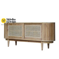 Bufet Oval Kayu Jati Minimalis Pintu Sliding Mix Rotan