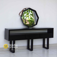 Bufet Pajangan Ruang Tamu Minimalis Kaki Besi + Cermin Octagonal