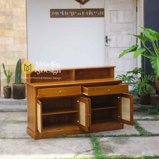 Bufet Pajangan Ruang Tamu Serbaguna Pintu Rotan