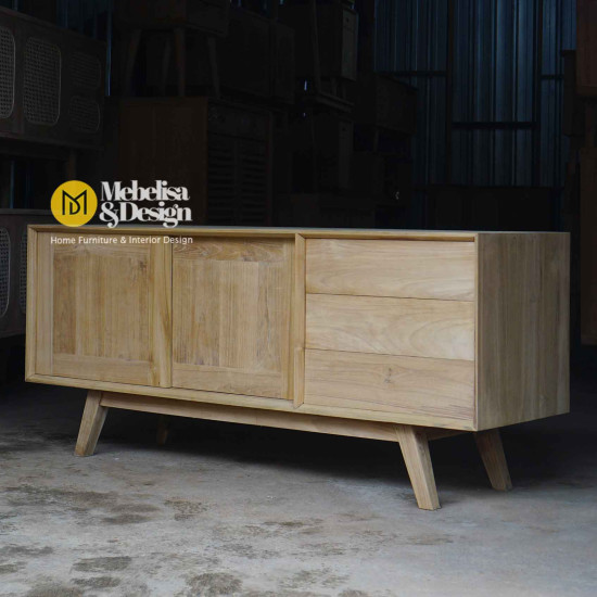 Bufet Ruang Tamu Kayu Jati Pintu Geser 3 Laci