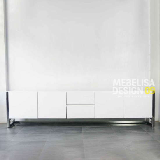 Bufet TV Panjang Duko Putih Modern Kaki Besi Satinless