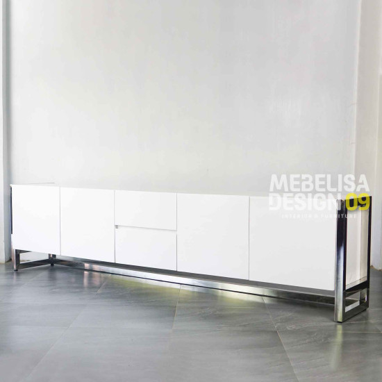 Bufet TV Panjang Duko Putih Modern Kaki Besi Satinless