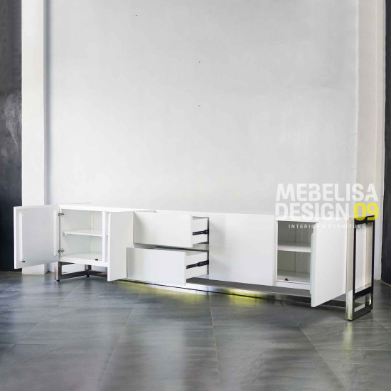 Bufet TV Panjang Duko Putih Modern Kaki Besi Satinless