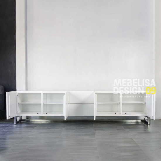 Bufet TV Panjang Duko Putih Modern Kaki Besi Satinless