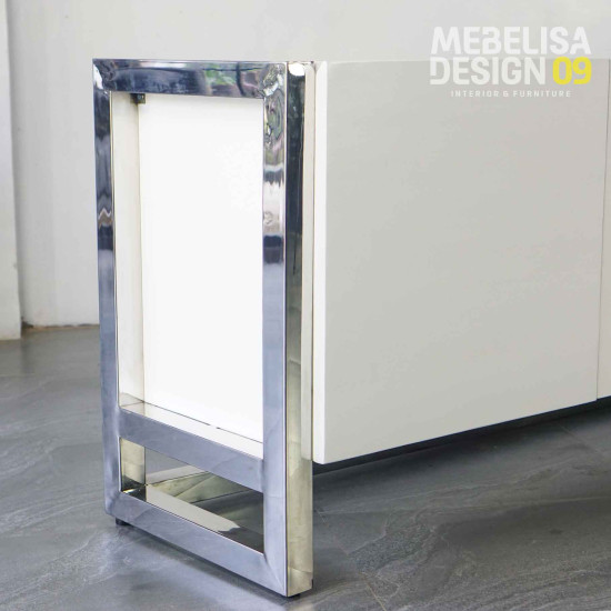 Bufet TV Panjang Duko Putih Modern Kaki Besi Satinless