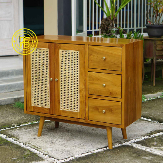 Cabinet Nakas 2 Pintu Rotan 3 Laci Minimalis Retro