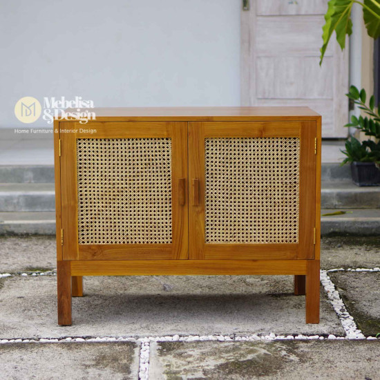 Credenza Buffet Cabinet Minimalis Kayu Jati Mix Rotan