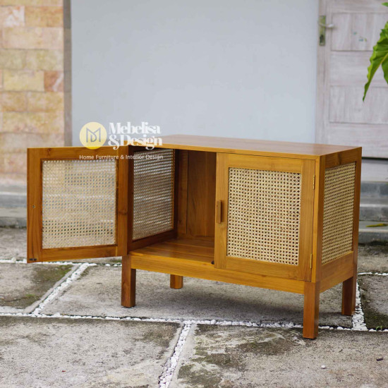 Credenza Buffet Cabinet Minimalis Kayu Jati Mix Rotan
