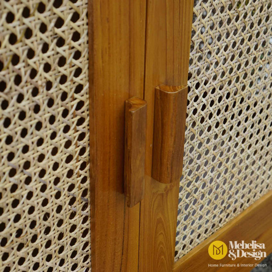 Credenza Buffet Cabinet Minimalis Kayu Jati Mix Rotan