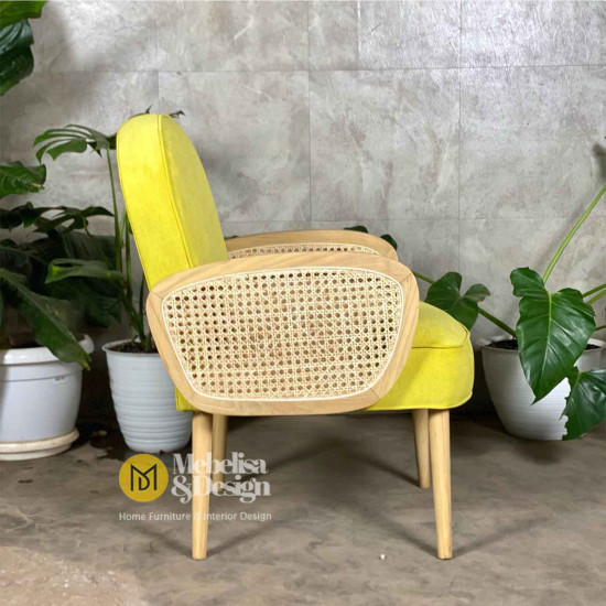 Ellina Sofa Single Rangka Jati Kombinasi Rotan Model Retro