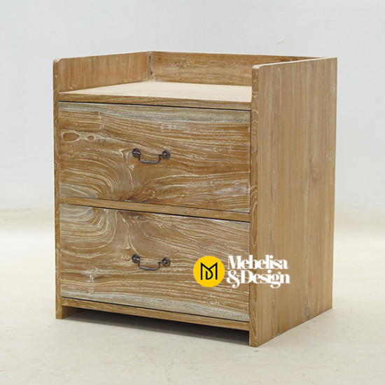 Meja Nakas Bedside 2 Laci Rustik White Wash