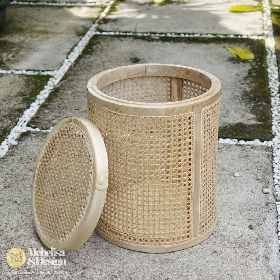 Keranjang Baju Kotor Anyaman Rotan Kayu Jati Bleaching