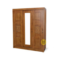 Lemari Baju 3 Pintu Geser Jati Dengan Cermin