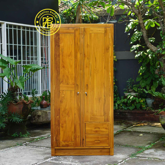 Lemari Pakaian 2 Pintu Minimalis Kayu Jati 2 Laci