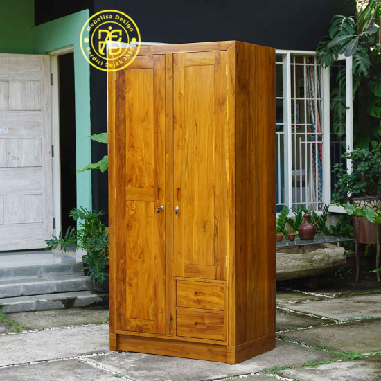 Lemari Pakaian 2 Pintu Minimalis Kayu Jati 2 Laci