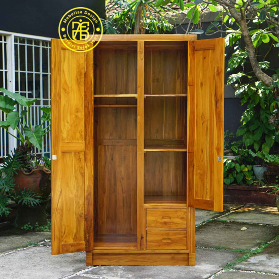 Lemari Pakaian 2 Pintu Minimalis Kayu Jati 2 Laci