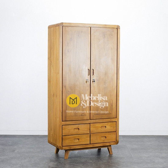 Lemari Pakaian Minimalis Retro Jati 2 Pintu 4 Laci